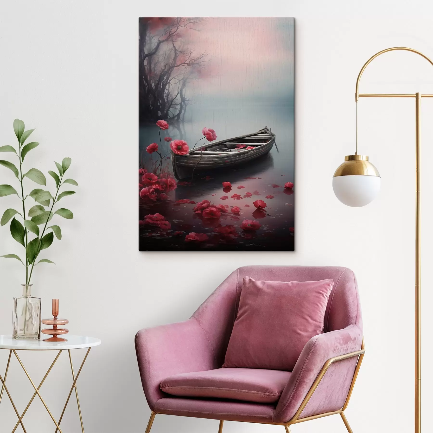 carta da parati Barca e fiori di papavero sul lago nr. s43203