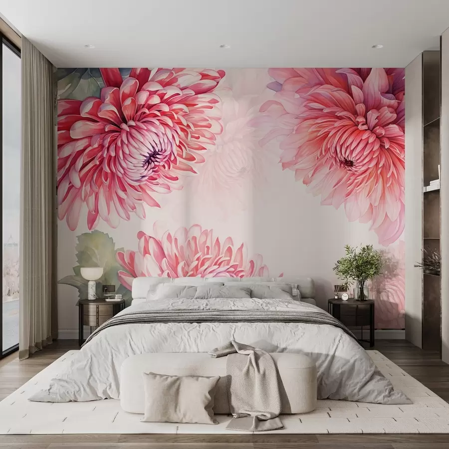 Carta da parati Floreale Fiori di crisantemo in stile acquerello in un brillante colore lampone n. w08855