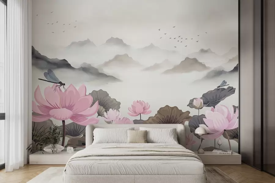 Carta da parati Floreale Montagne con uccelli in stile acquerello, con ninfee e libellule in primo piano n. w08872