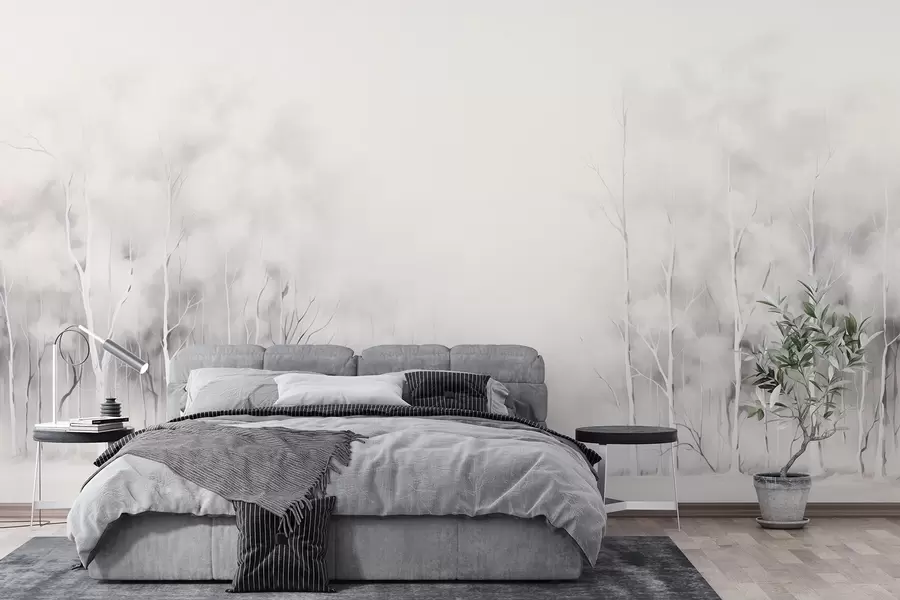 carta da parati Alberi nella nebbia in stile acquerello su uno sfondo caldo nr. w08875