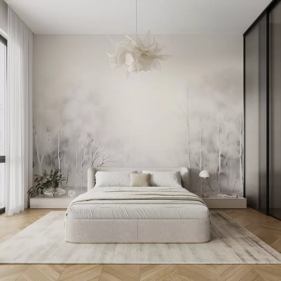 carta da parati Alberi nella nebbia in stile acquerello su uno sfondo caldo nr. w08875