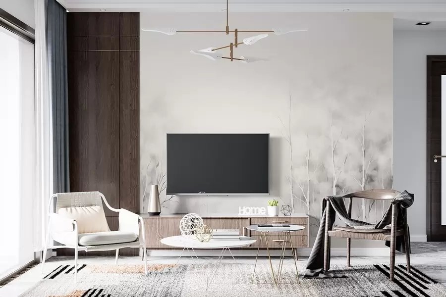 carta da parati Alberi nella nebbia in stile acquerello su uno sfondo caldo nr. w08875