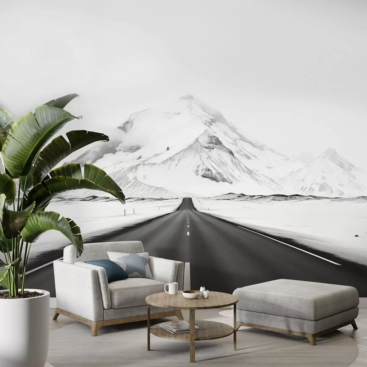 carta da parati Un paesaggio in bianco e nero con una strada che conduce alle montagne con una leggera foschia nr. w08876