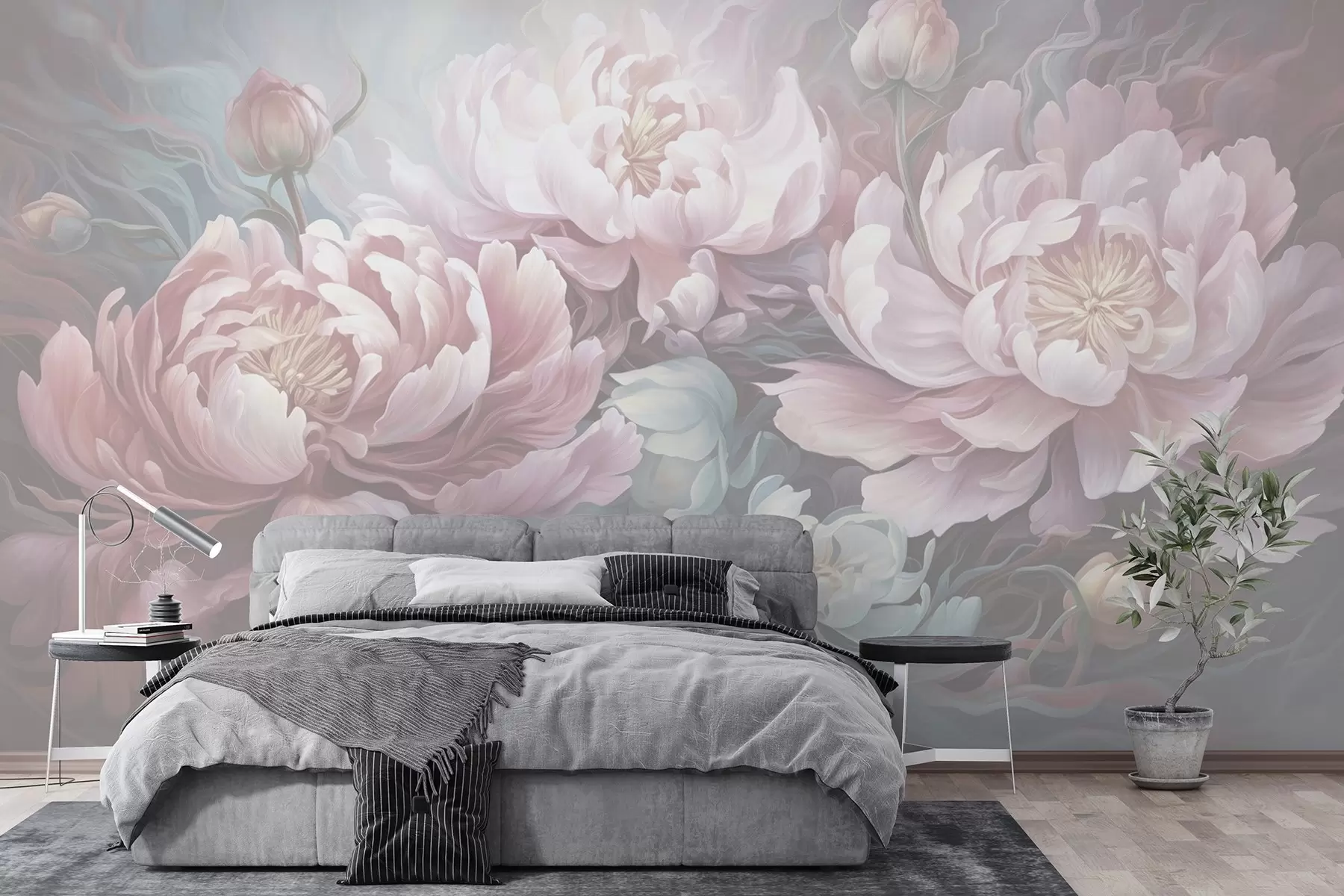 Carta da parati Fiori grandi Peonie fiabesche in stile pennellata in toni freddi n. w08879v1