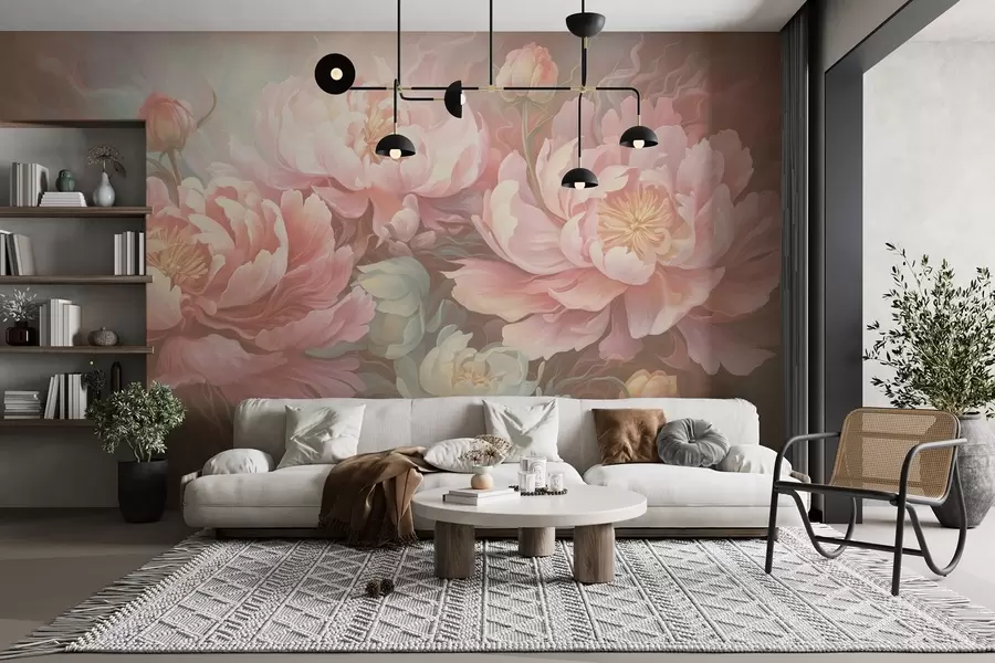 Carta da parati con rose Peonie fiabesche in stile pennellata in tonalità calde n. w08879v2