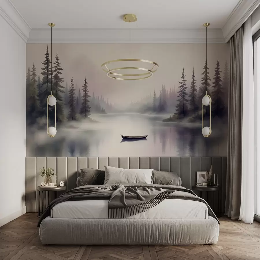 Carta da parati nature Paesaggio acquerellato con una barca sul lago 