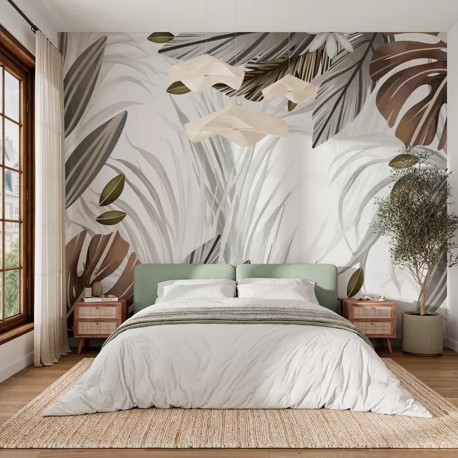 Carta da parati nature Vegetazione tropicale in tonalità naturali 