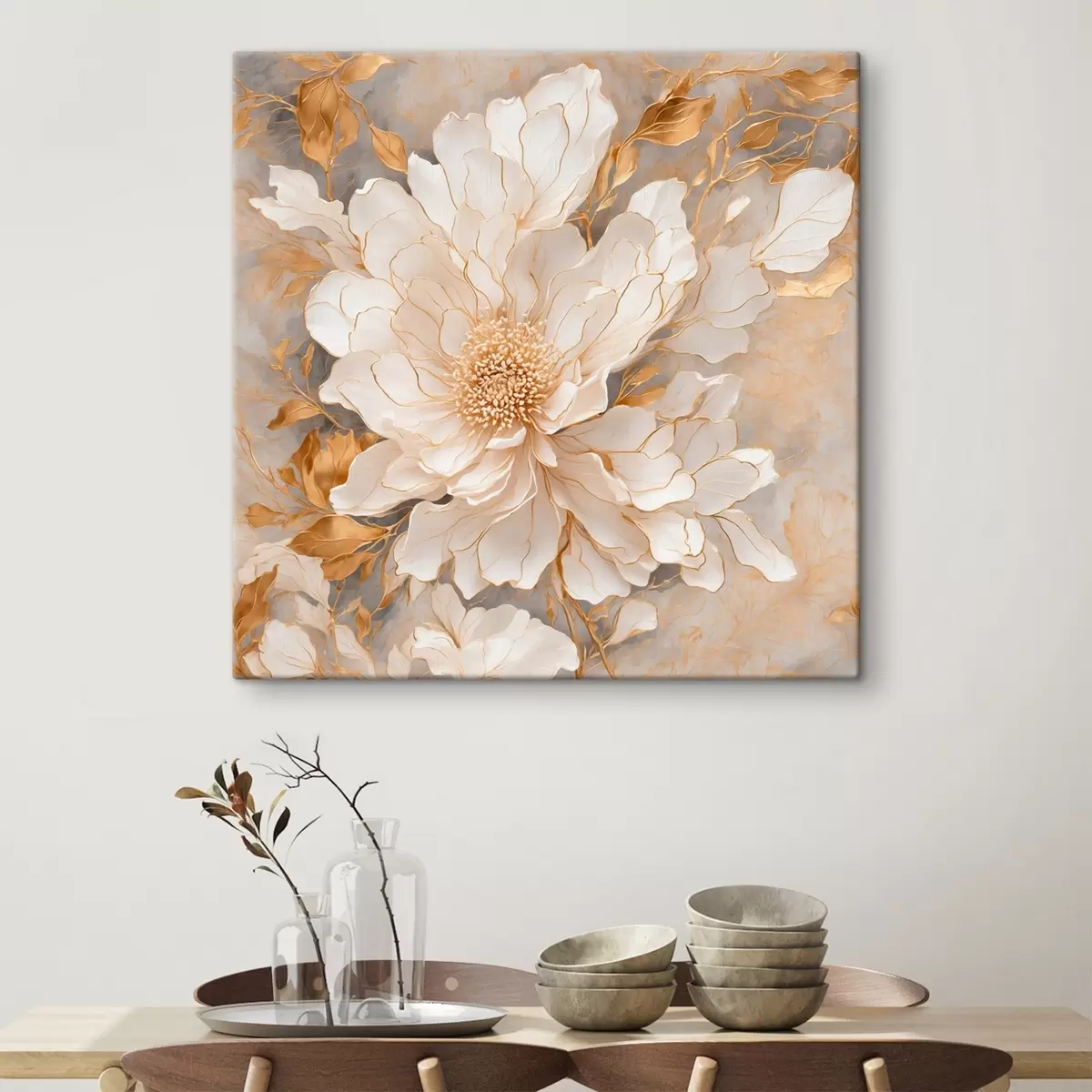 carta da parati Fiore bianco con foglie in stile pittura acrilica nr. s43115