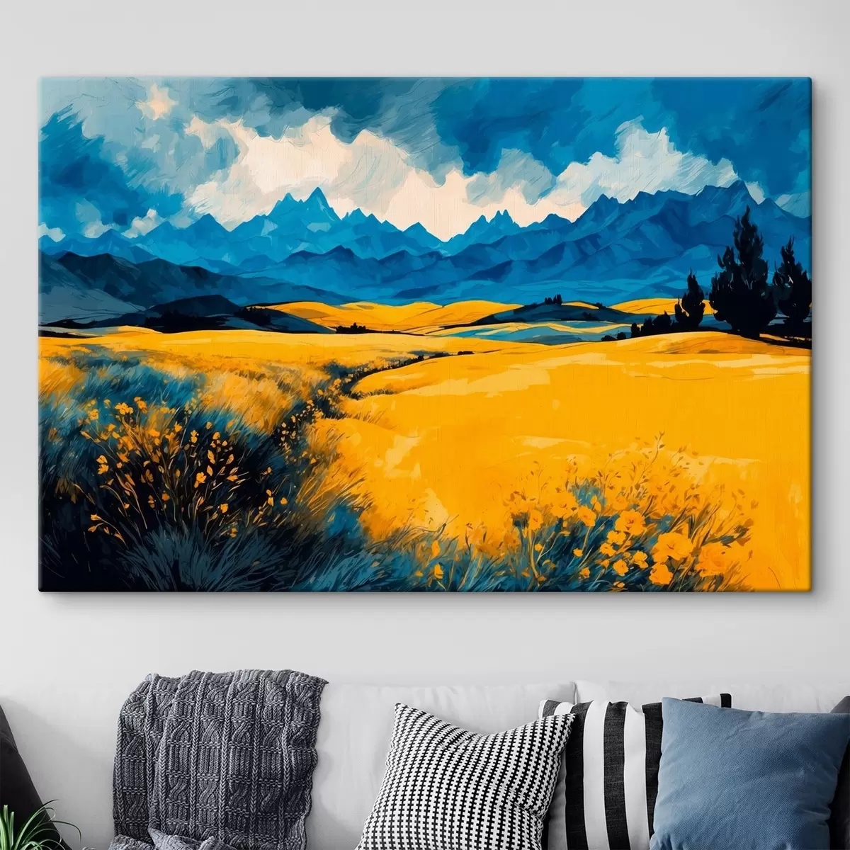 carta da parati Campo giallo sullo sfondo delle montagne in stile pittura ad acquerello nr. s43117