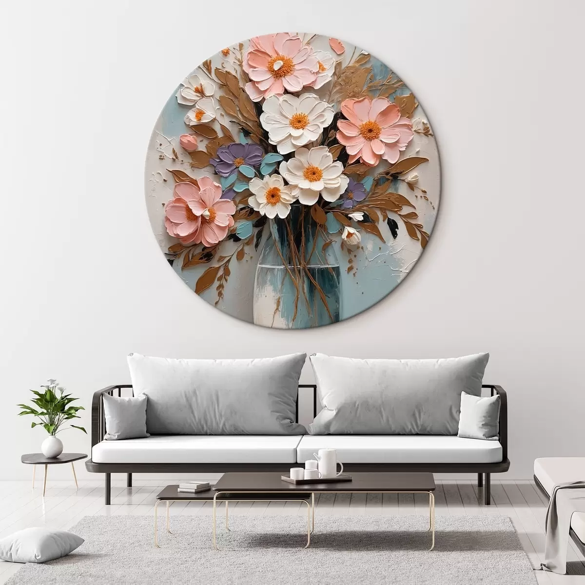 Quadri rotondi Fiori rosa e bianchi in un vaso trasparente r43089