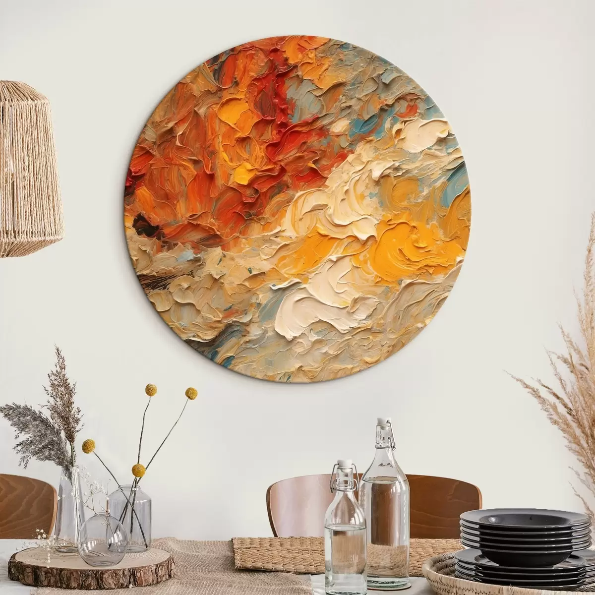 Quadri rotondi Pittura ad olio rossa e bianca in stile astratto r43092