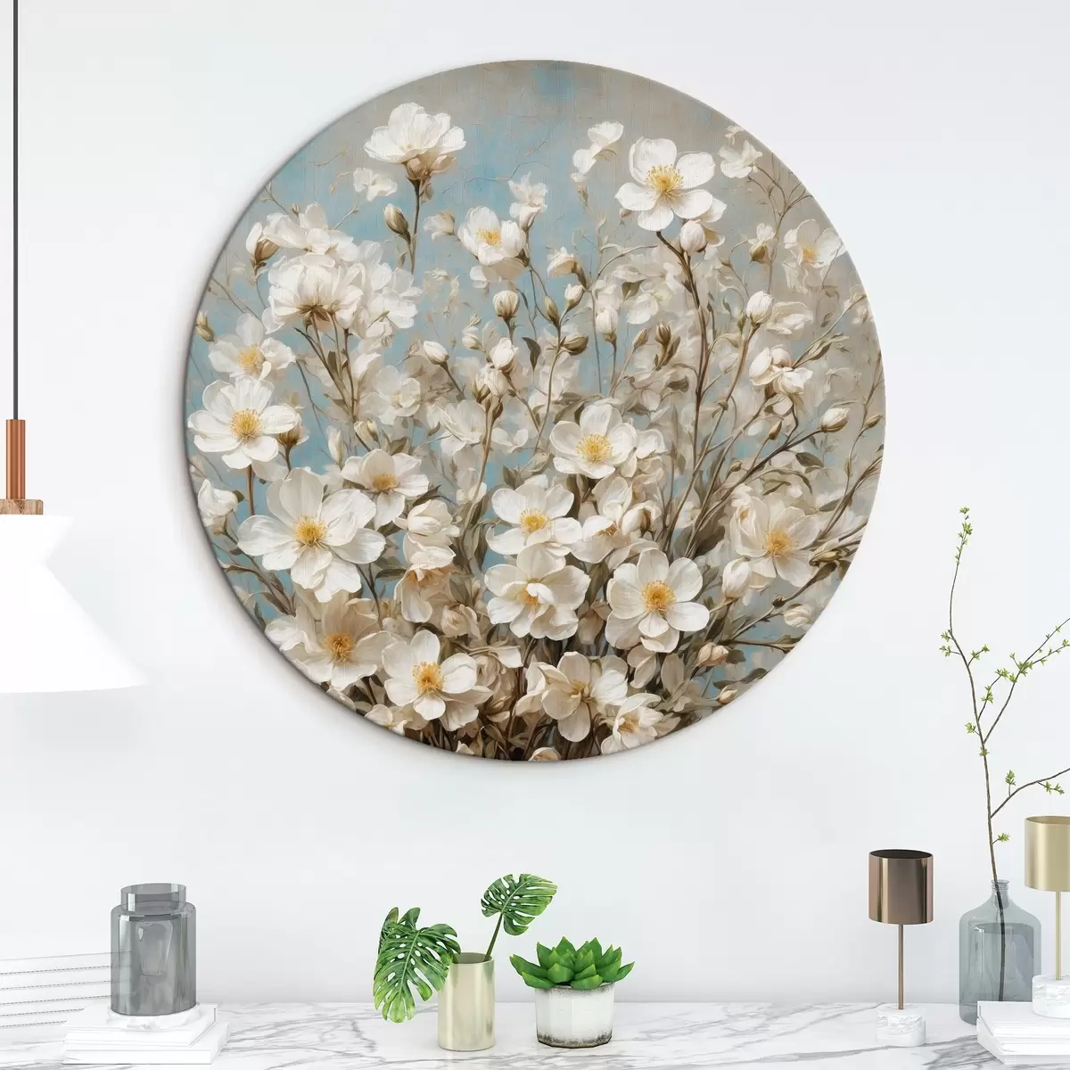 Quadri rotondi Fiori bianchi in vaso su sfondo acrilico r43107