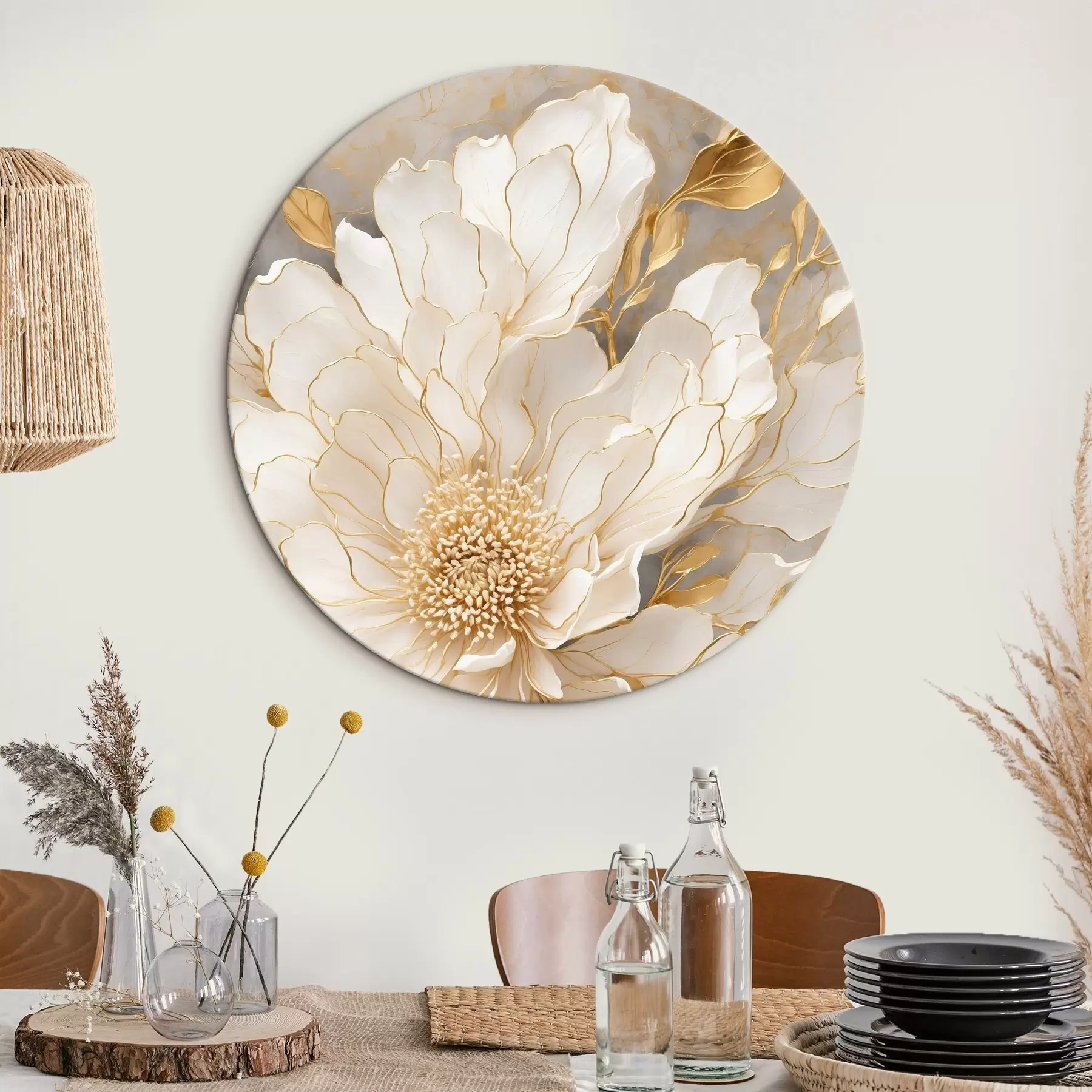 carta da parati Fiore bianco con foglie in stile pittura acrilica nr. r43115