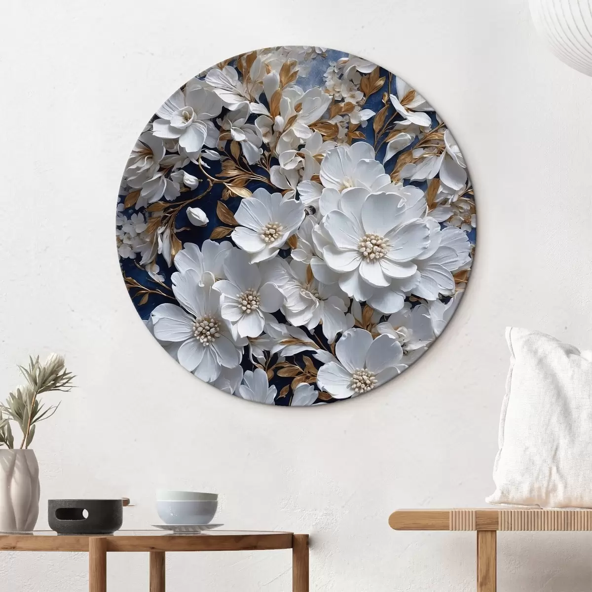 Quadri rotondi Fiori bianchi su sfondo blu r43116