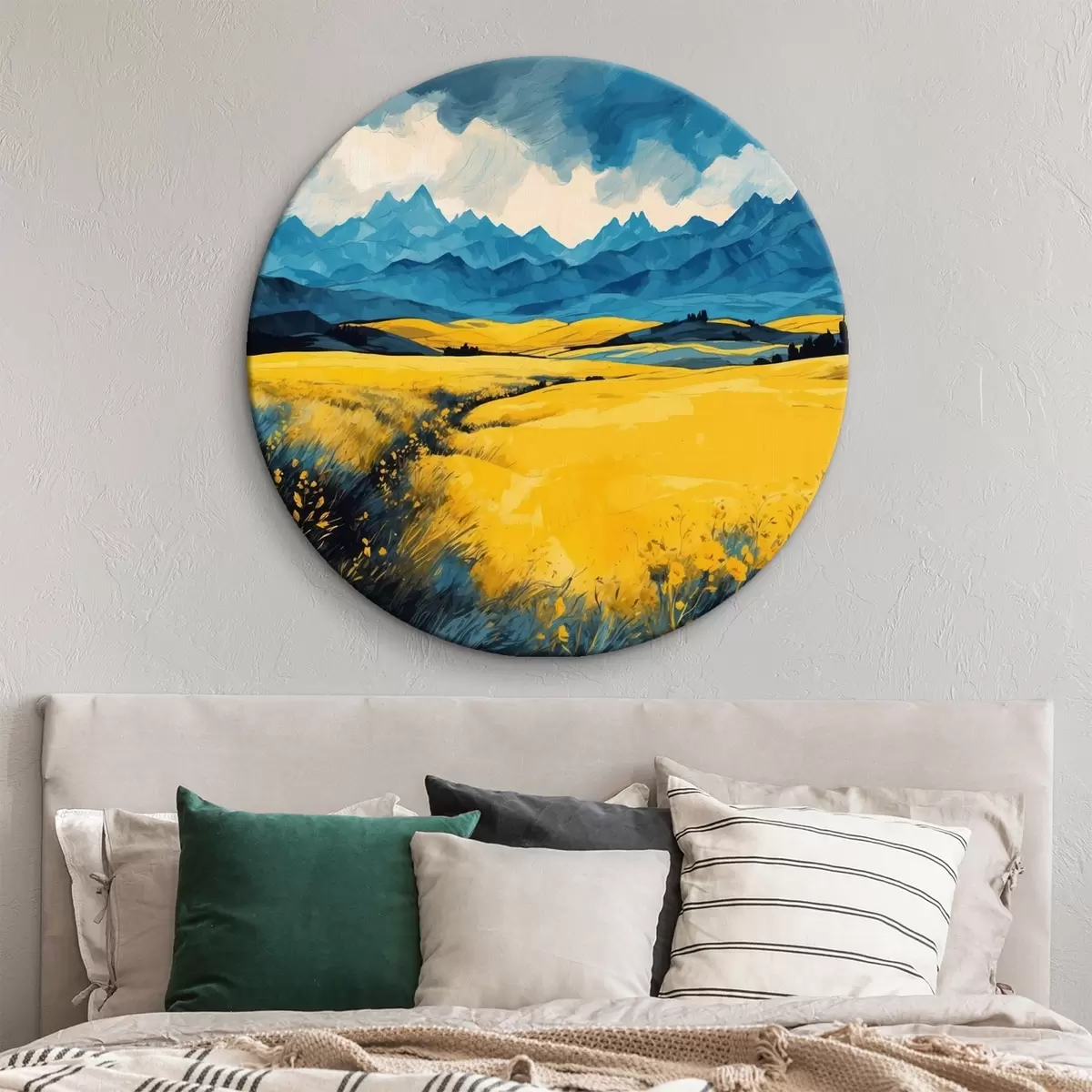 Quadri rotondi Campo giallo sullo sfondo delle montagne in stile pittura ad acquerello r43117