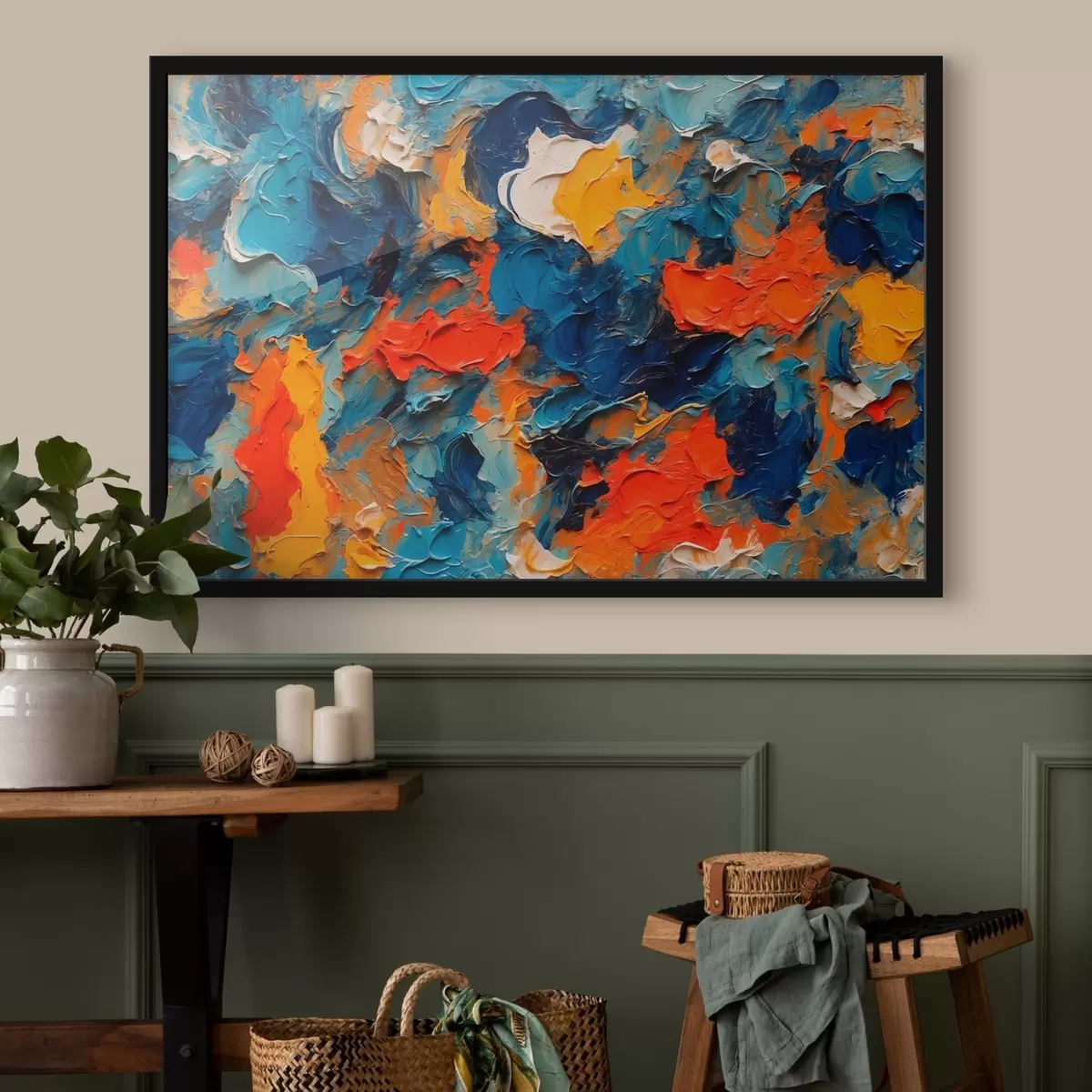 Poster Pittura astratta in stile pittura ad olio con colori bianchi, blu e rossi f43093