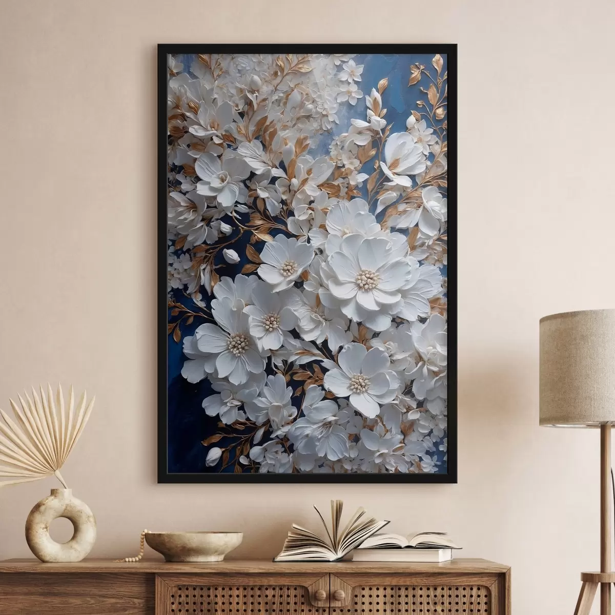 Poster Fiori bianchi su sfondo blu f43116