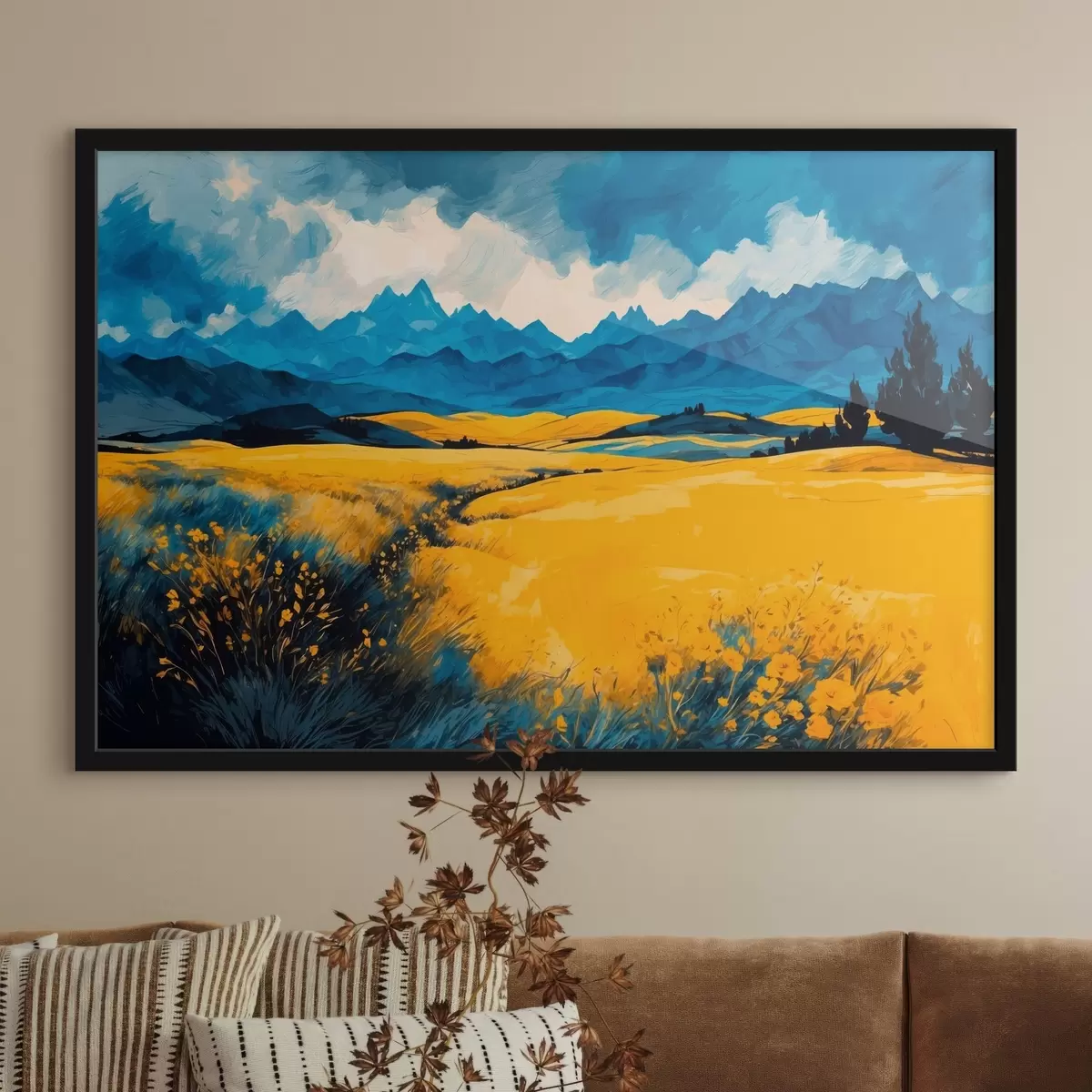 Poster Campo giallo sullo sfondo delle montagne in stile pittura ad acquerello f43117