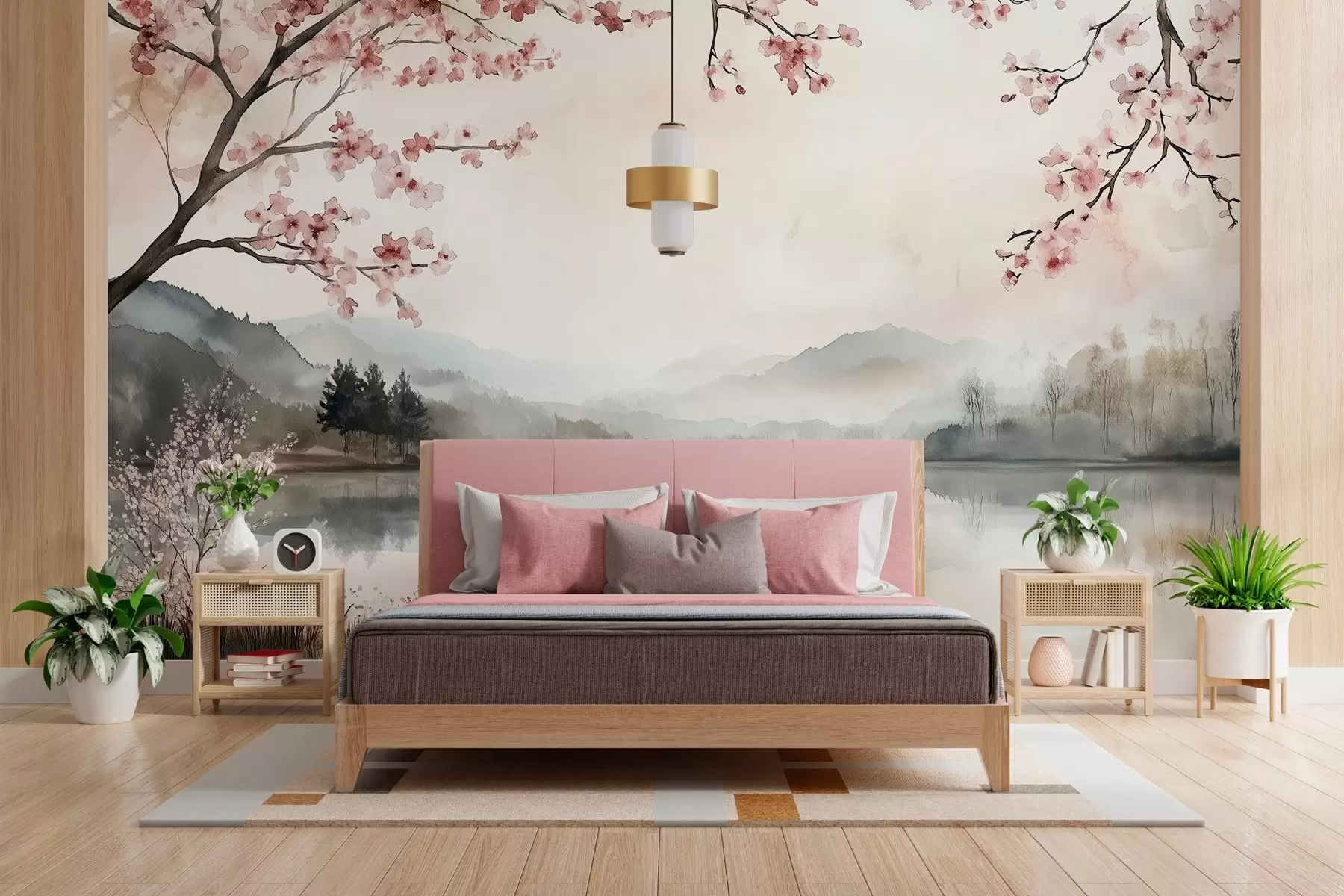 carta da parati paesaggio calmo ad acquerello con un lago e un albero in fiore nr. w03282