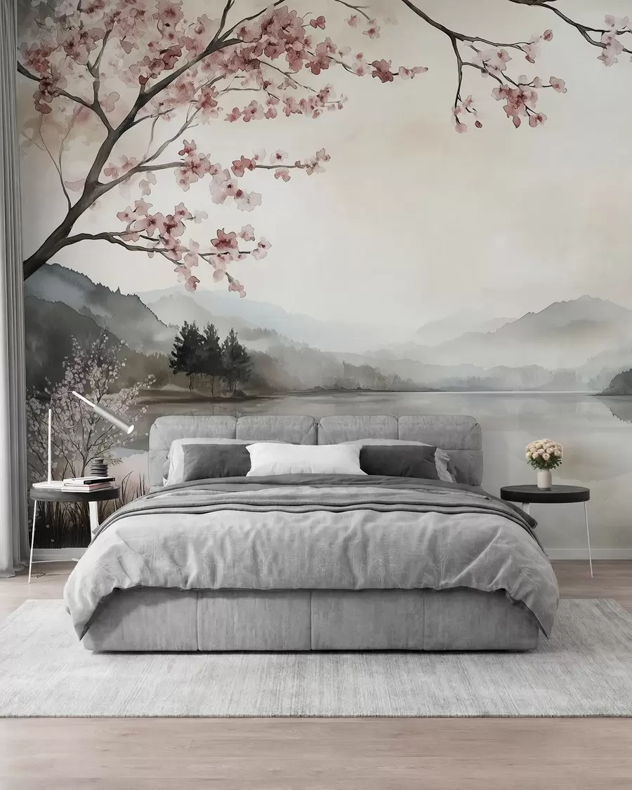 carta da parati paesaggio calmo ad acquerello con un lago e un albero in fiore nr. w03282