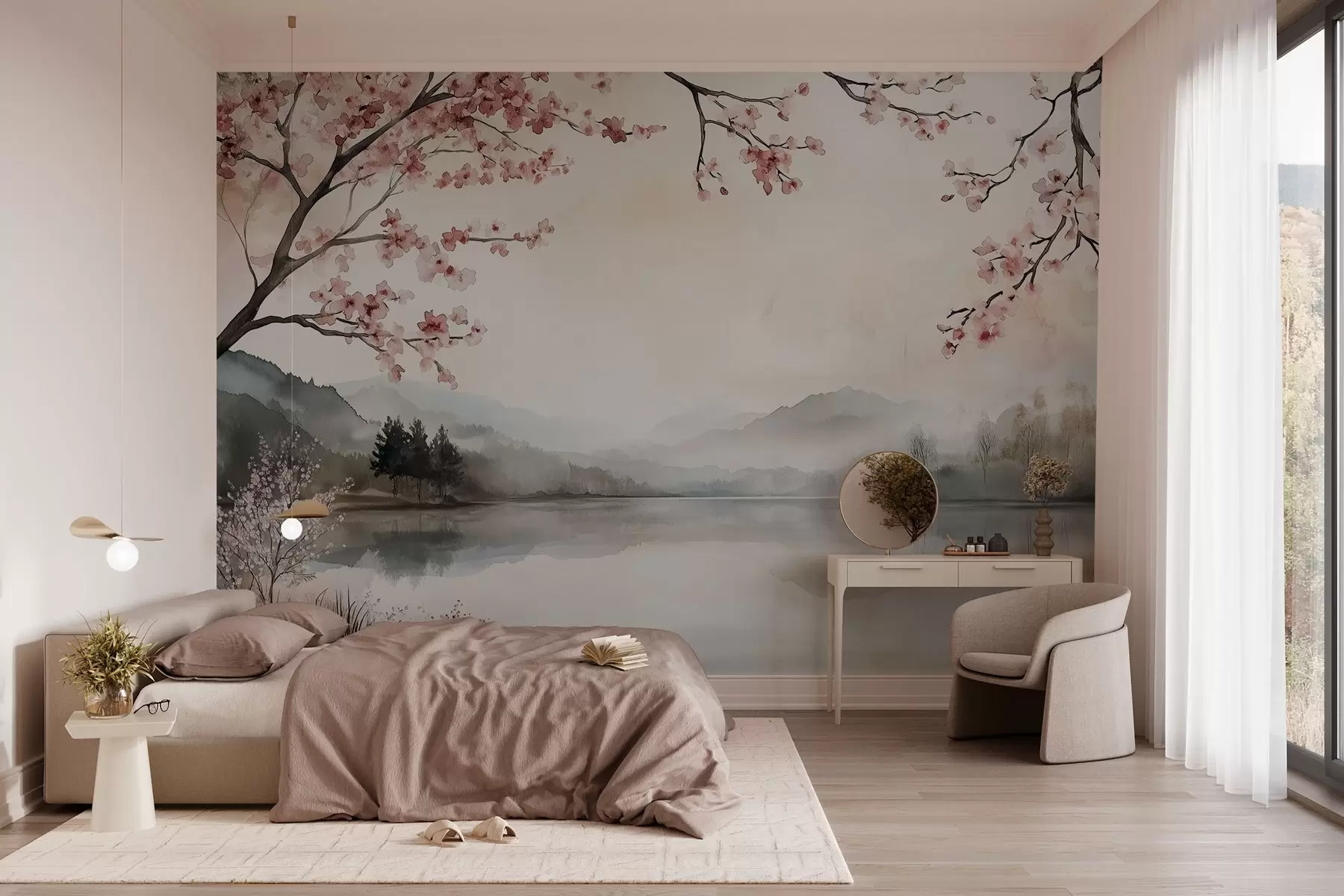 carta da parati paesaggio calmo ad acquerello con un lago e un albero in fiore nr. w03282