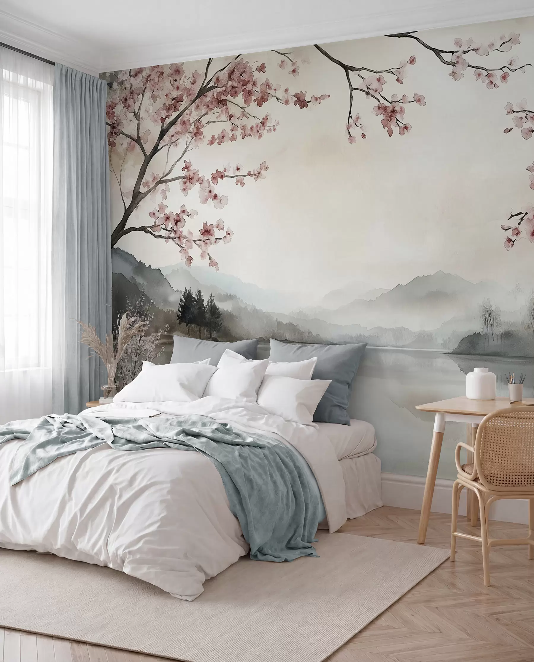 carta da parati paesaggio calmo ad acquerello con un lago e un albero in fiore nr. w03282