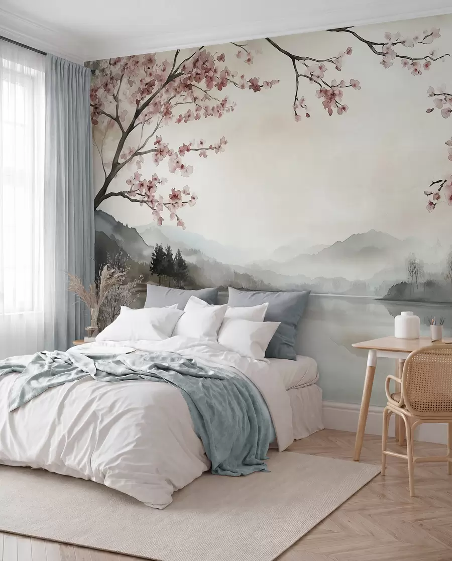 carta da parati paesaggio calmo ad acquerello con un lago e un albero in fiore nr. w03282