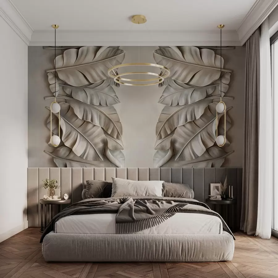 Carta da parati Tropici della Foresta imitazione di un bassorilievo con foglie tropicali in tonalità beige n. w03285