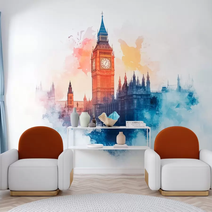 Carta da parati con la vista di città disegno ad acquerello del Big Ben su sfondo chiaro 