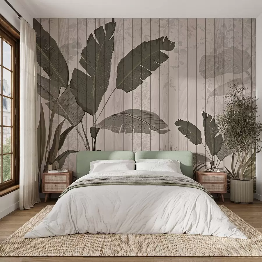 carta da parati Elegante illustrazione botanica con foglie di banano e piante esotiche su uno sfondo chiaro strutturato nr. w03325v1