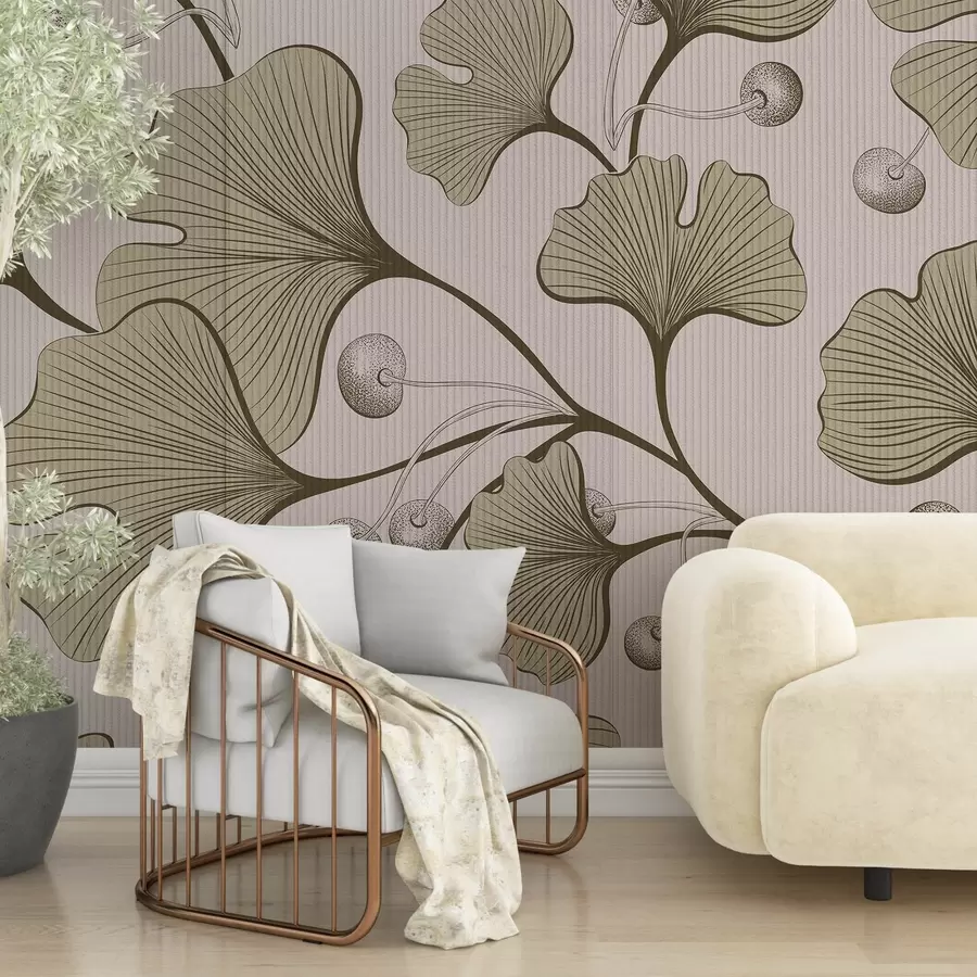 Carta da parati nature Illustrazione dettagliata di foglie di ginkgo su uno sfondo dalla texture chiara 