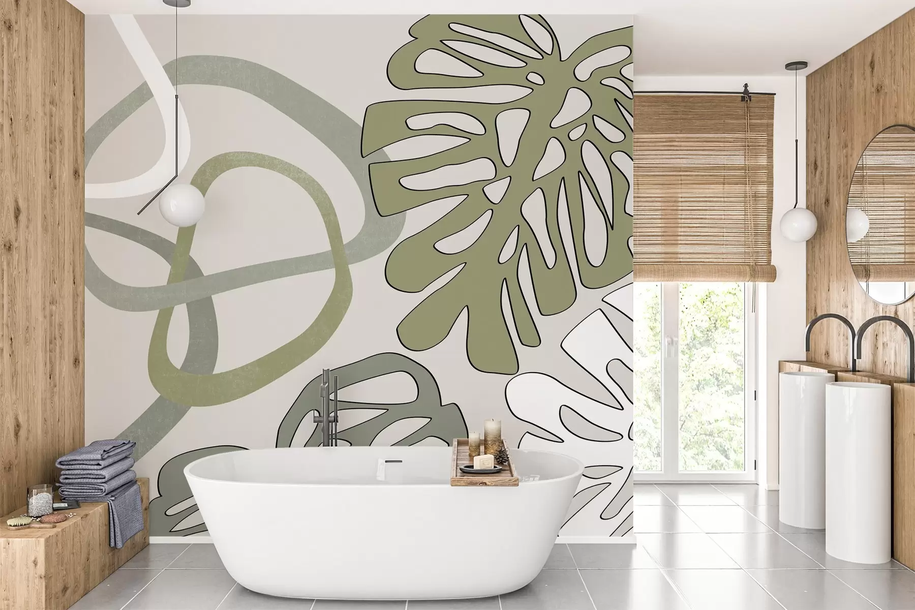 Carta da parati nature Foglie di Monstera e forme astratte, sfumature di verde 
