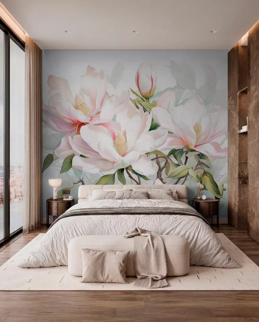 Carta da parati Floreale Fiori di magnolia con petali bianchi e rosa, foglie e rami marroni, stile acquerello morbido e delicato n. w08885