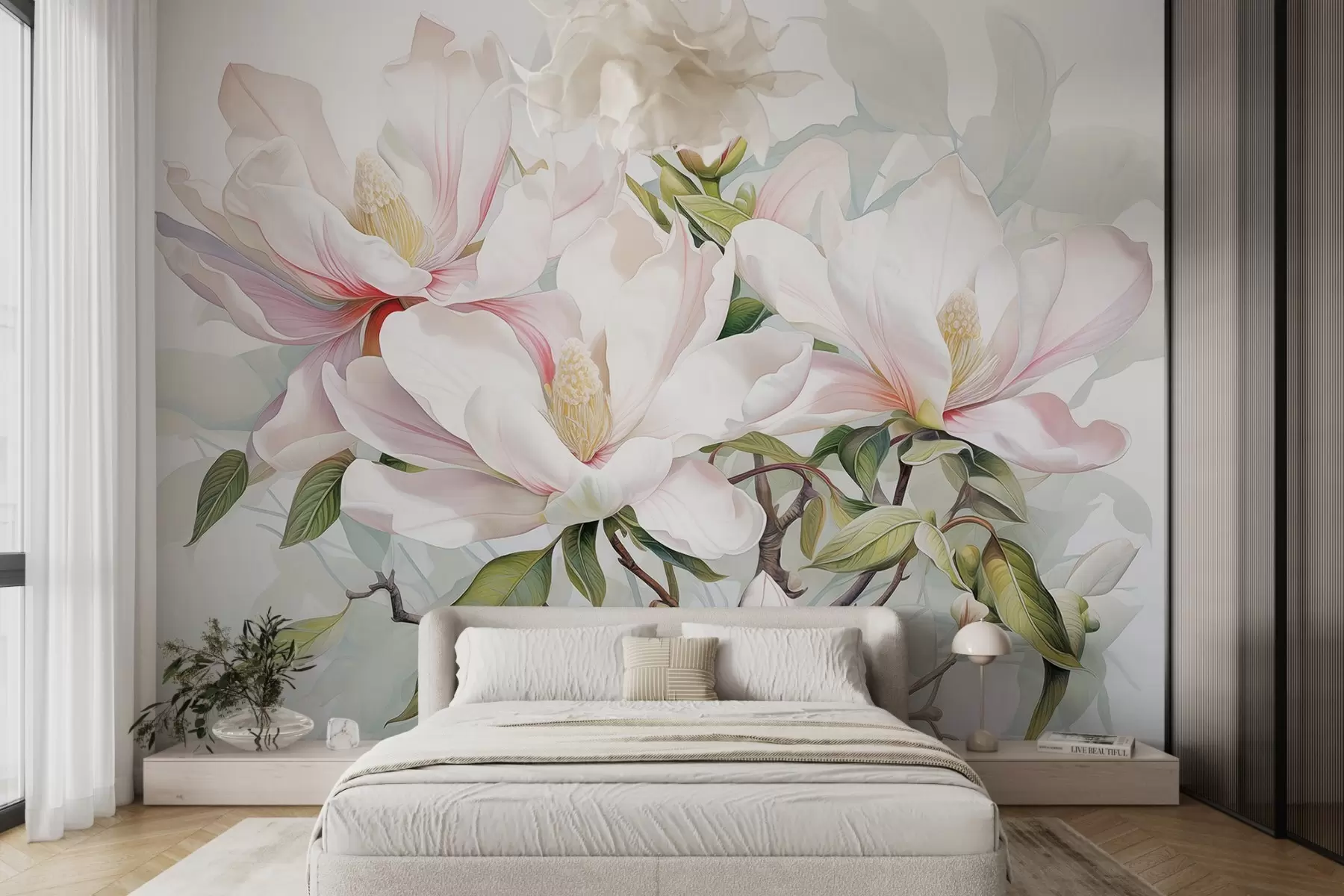 Carta da parati Floreale Fiori di magnolia con petali bianchi e rosa, foglie e rami marroni, stile acquerello morbido e delicato n. w08885