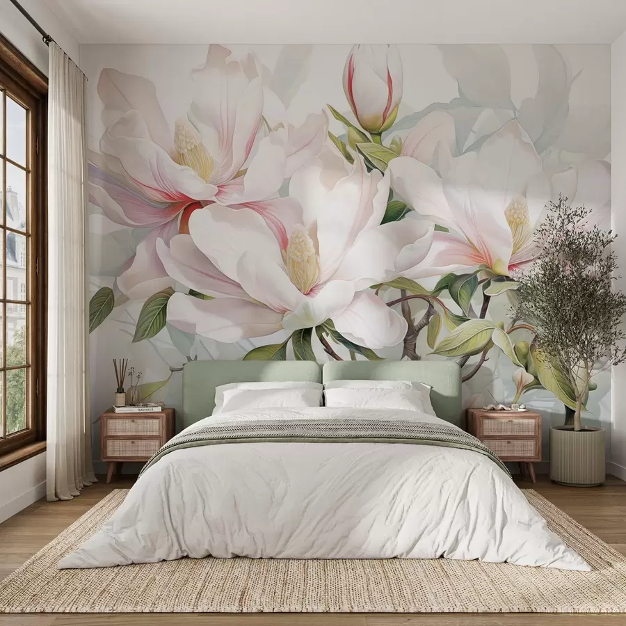 Carta da parati Floreale Fiori di magnolia con petali bianchi e rosa, foglie e rami marroni, stile acquerello morbido e delicato n. w08885