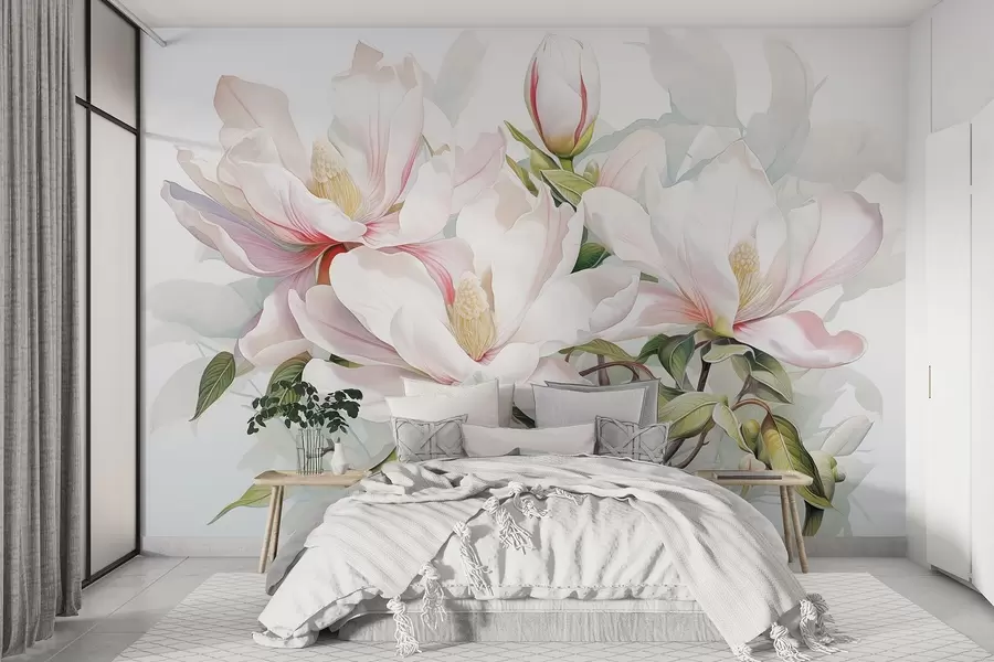 Carta da parati Floreale Fiori di magnolia con petali bianchi e rosa, foglie e rami marroni, stile acquerello morbido e delicato n. w08885