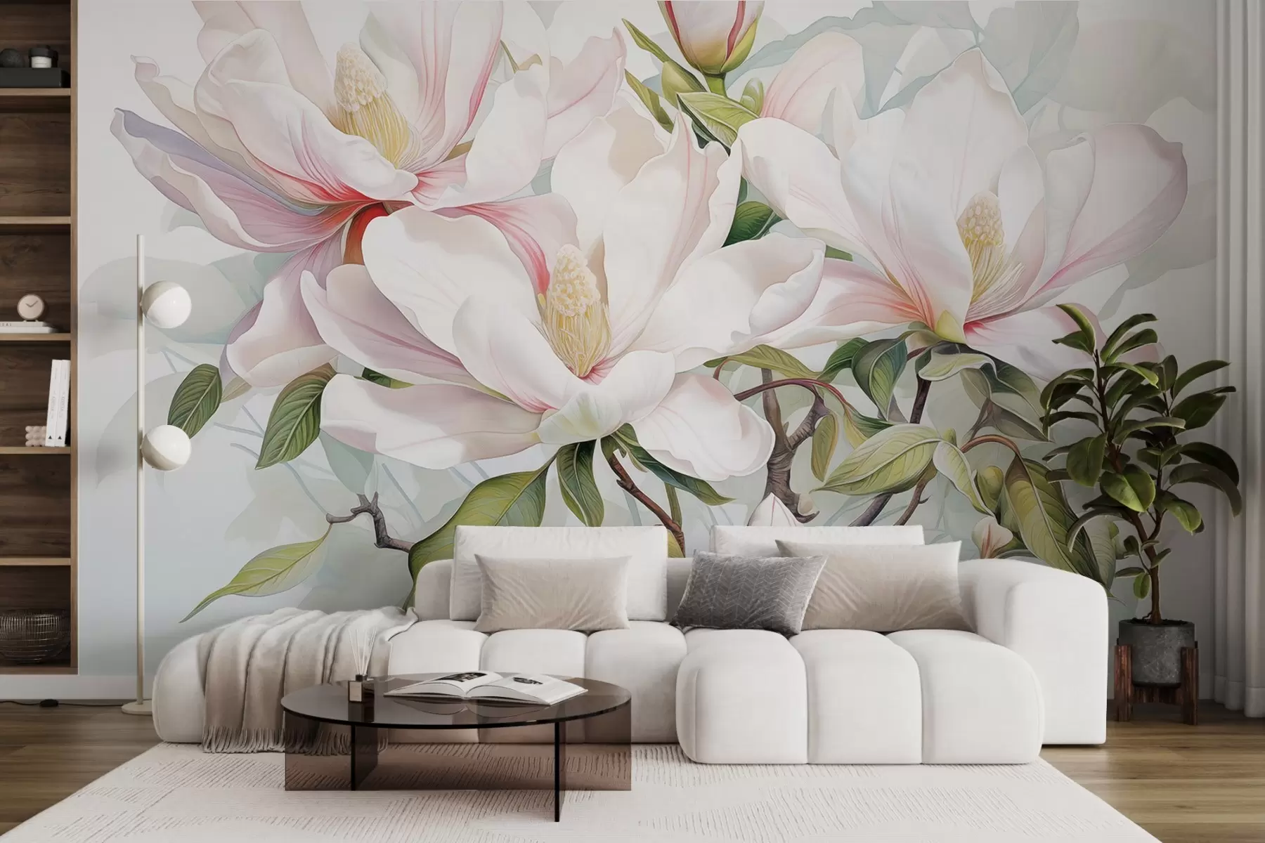 Carta da parati Floreale Fiori di magnolia con petali bianchi e rosa, foglie e rami marroni, stile acquerello morbido e delicato n. w08885