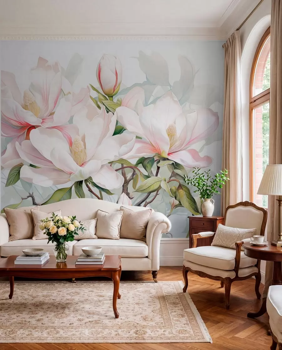 Carta da parati Floreale Fiori di magnolia con petali bianchi e rosa, foglie e rami marroni, stile acquerello morbido e delicato n. w08885