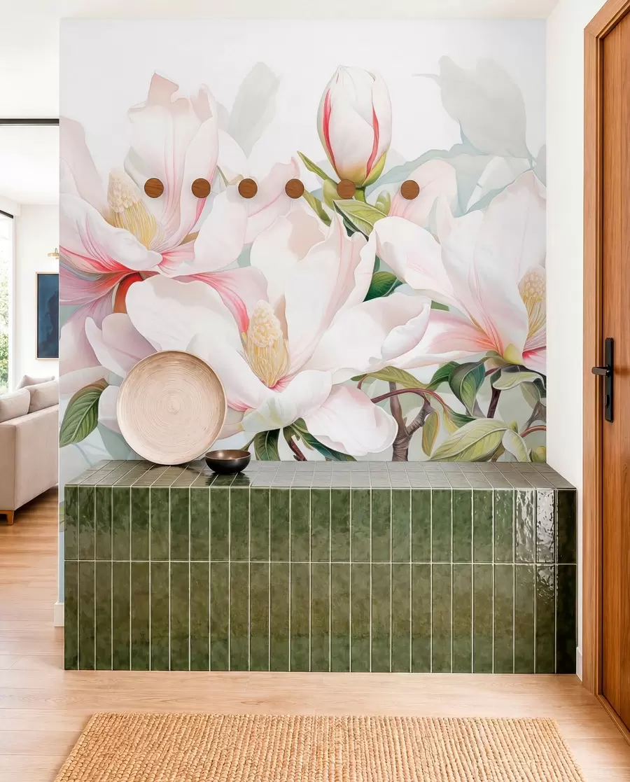 Carta da parati Floreale Fiori di magnolia con petali bianchi e rosa, foglie e rami marroni, stile acquerello morbido e delicato n. w08885