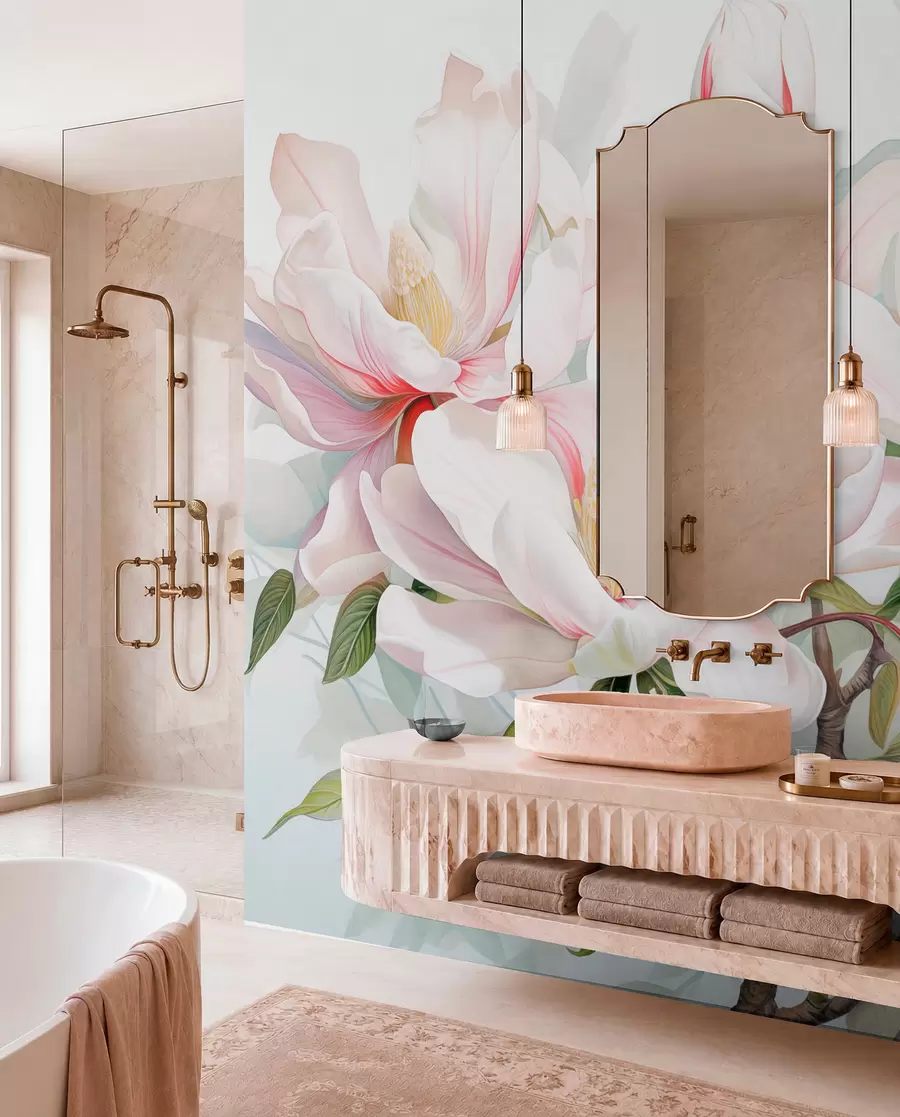 Carta da parati Floreale Fiori di magnolia con petali bianchi e rosa, foglie e rami marroni, stile acquerello morbido e delicato n. w08885
