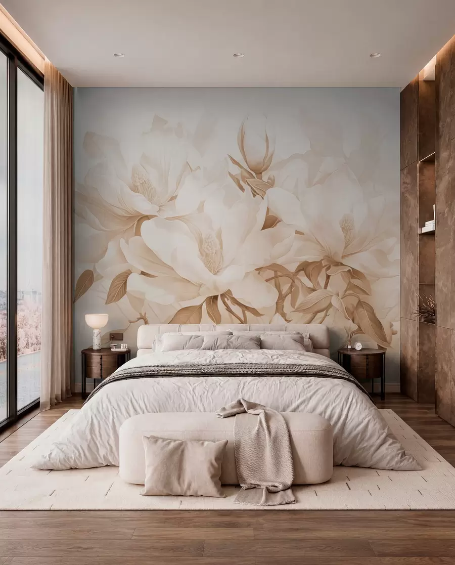 Carta da parati Floreale Fiori di magnolia con petali bianchi e beige, foglie e rami marroni, stile acquerello morbido e delicato n. w08886