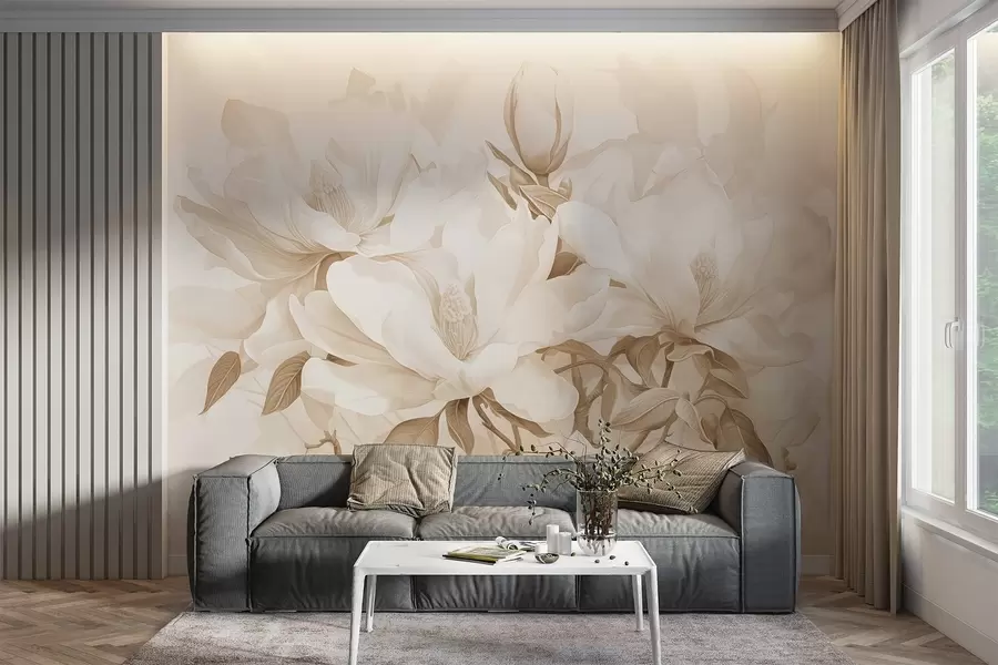 Carta da parati Floreale Fiori di magnolia con petali bianchi e beige, foglie e rami marroni, stile acquerello morbido e delicato n. w08886