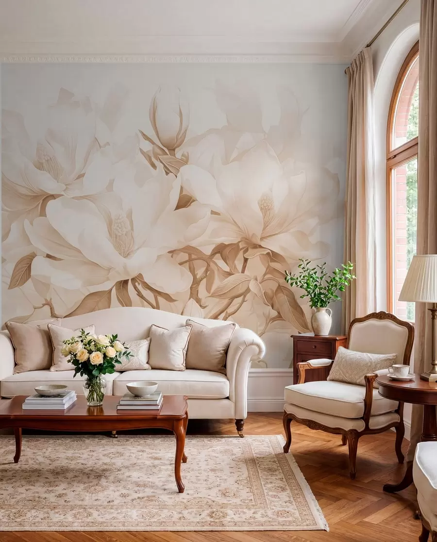 Carta da parati Floreale Fiori di magnolia con petali bianchi e beige, foglie e rami marroni, stile acquerello morbido e delicato n. w08886