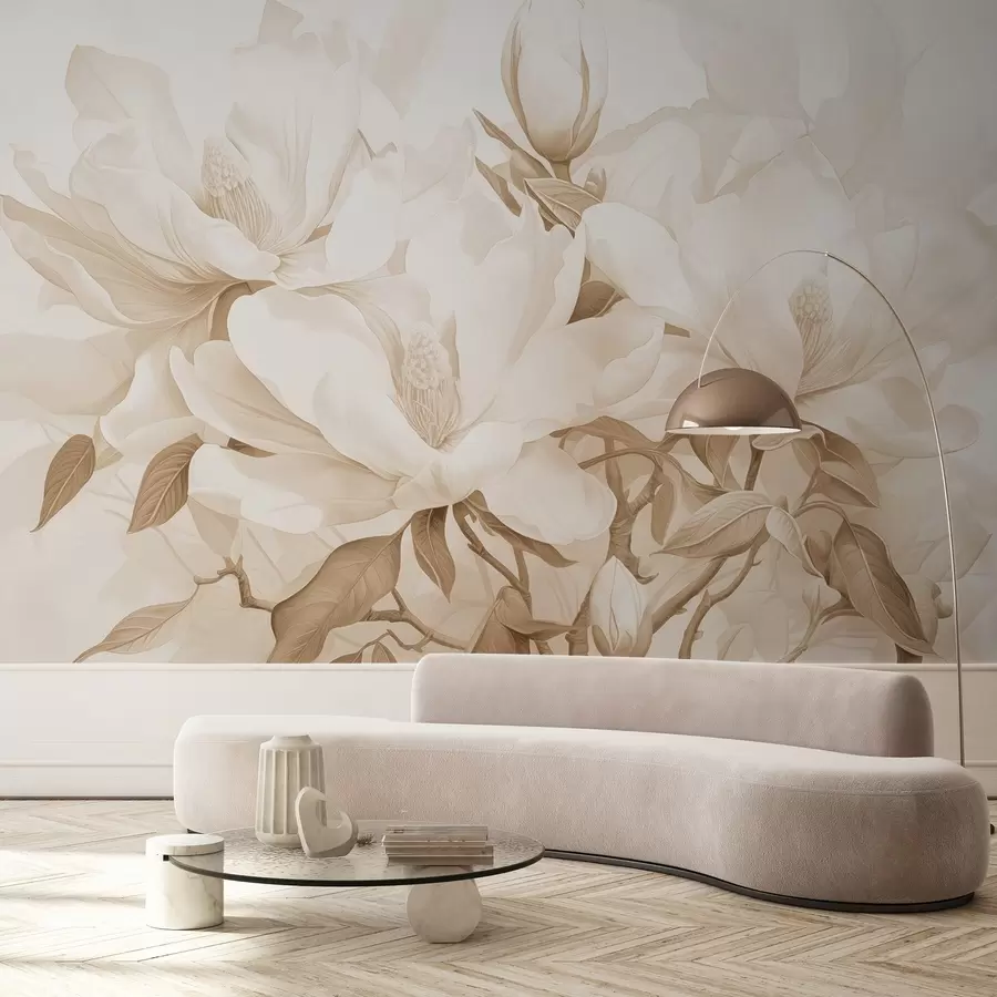 Carta da parati Floreale Fiori di magnolia con petali bianchi e beige, foglie e rami marroni, stile acquerello morbido e delicato n. w08886