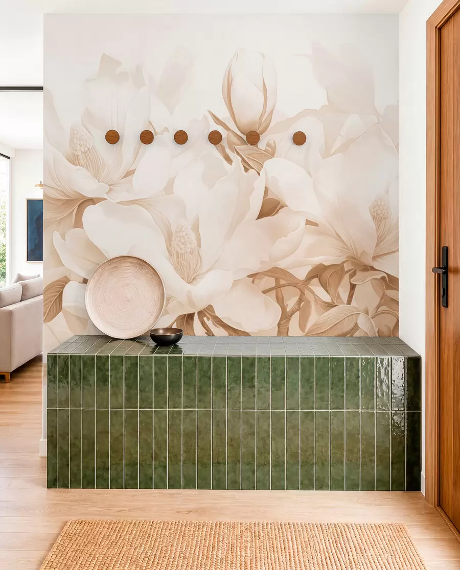 Carta da parati Floreale Fiori di magnolia con petali bianchi e beige, foglie e rami marroni, stile acquerello morbido e delicato n. w08886