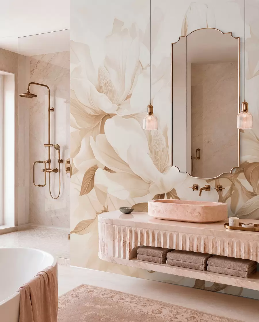 Carta da parati Floreale Fiori di magnolia con petali bianchi e beige, foglie e rami marroni, stile acquerello morbido e delicato n. w08886
