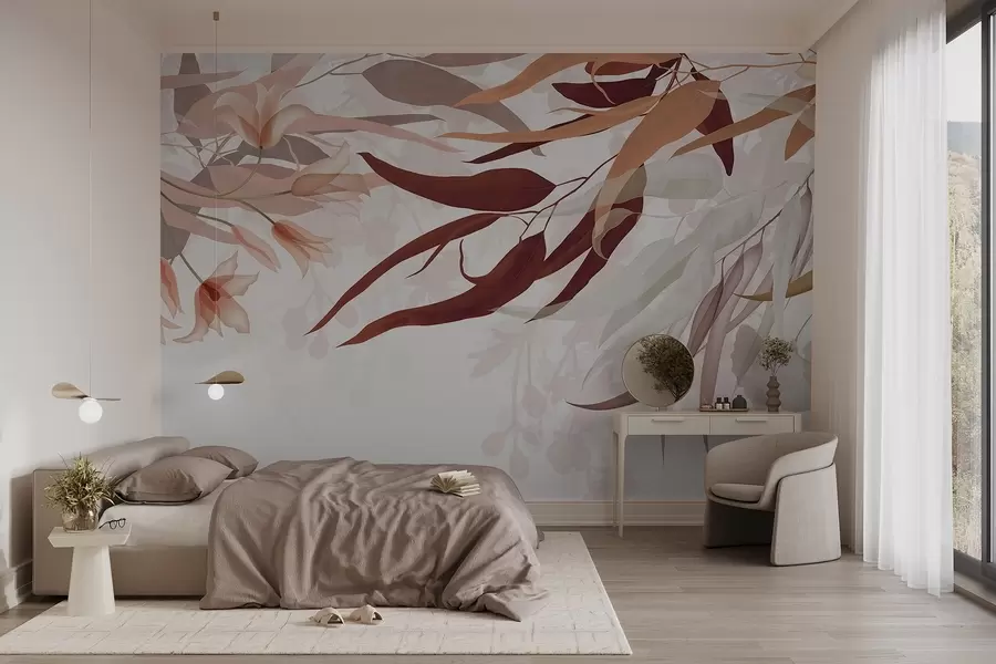 carta da parati Foglie di eucalipto nei toni del bordo, del beige e del bianco con fiori e rami delicati su sfondo bianco nr. w08887