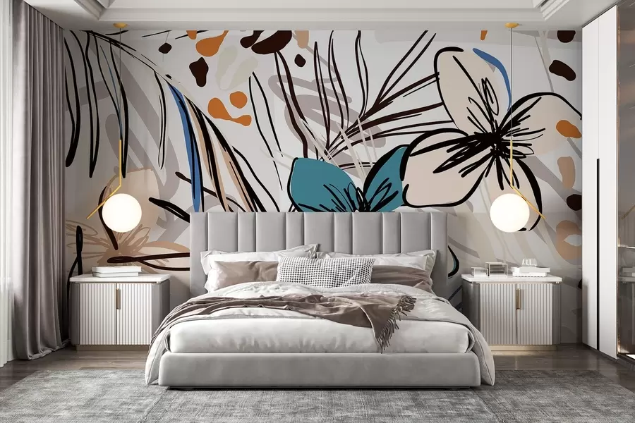 Carta da parati nature Stampa astratta moderna con foglie di palma tropicale, fiori blu e beige, linee nere, sfondo chiaro 