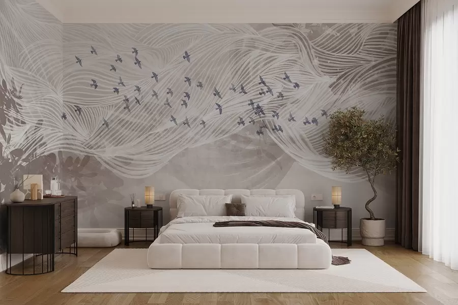 carta da parati Stormo di uccelli in volo su paesaggio astratto line art onde beige testurizzato, colori tenui, design minimalista  nr. w08898