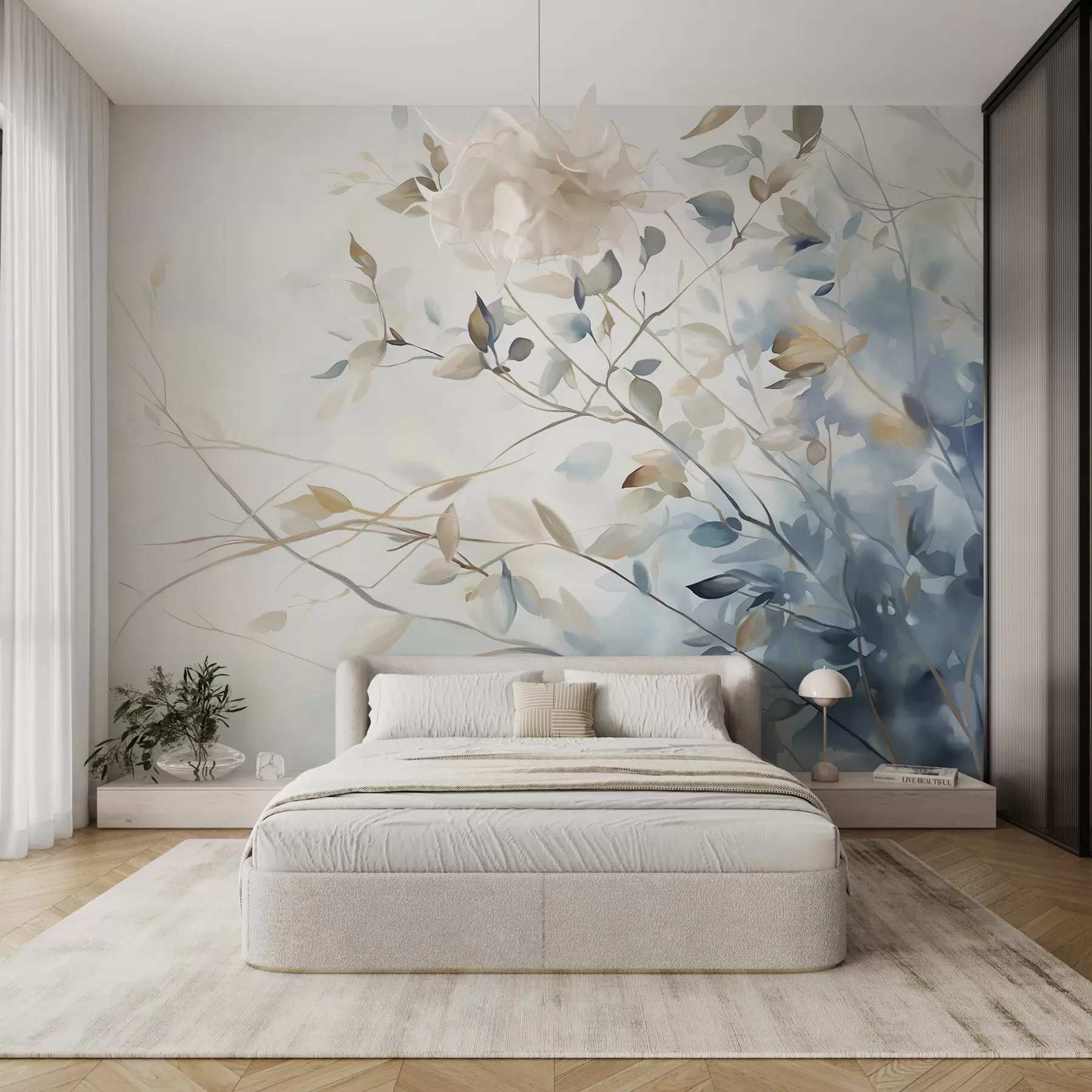 carta da parati Rami con foglie nei toni del blu e del marrone, sfondo chiaro, morbido e delicato, stile acquerello  nr. w08900